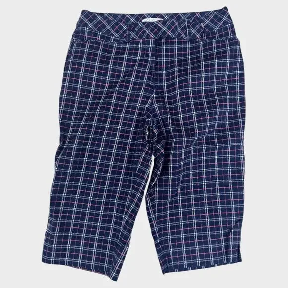 Lady Hagen Long Shorts Navy Blue Pink Check Plaid Size 4 Cotton Spandex - Picture 2 of 10